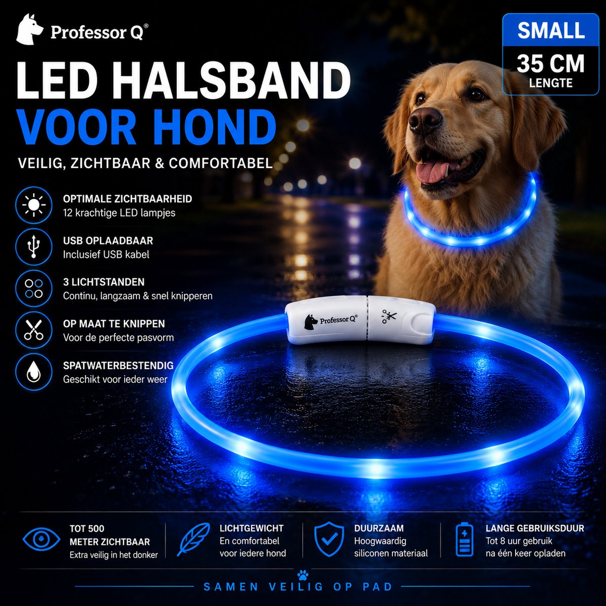 Bol.com LED Halsband Hond - Lichtgevende Halsband Hond - Blauw - S - USB Oplaadbaar aanbieding