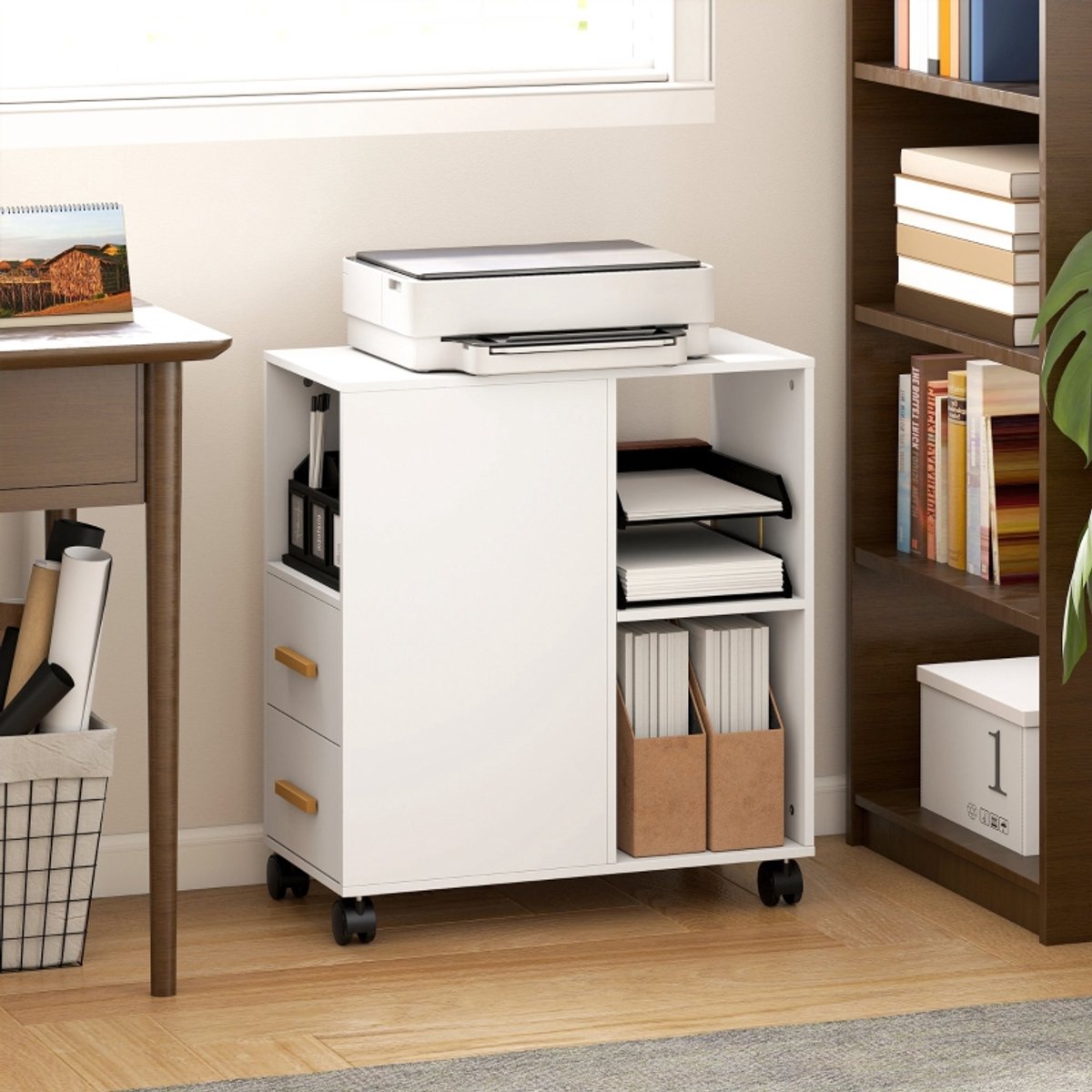 REDOM - Printerkast - 2 lades - 3 open vakken - Verstelbare plank - Met 4 wielen - Moderne stijl - Spaanplaat - Wit - 60 x 30 x 65 cm