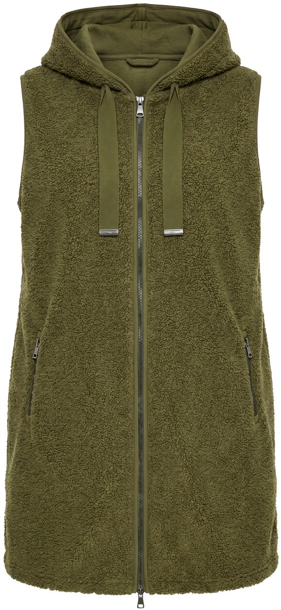 Ulla Popken - Dames - Lang teddyvest A-lijn capuchon - Donkerkaki - Maat 58+