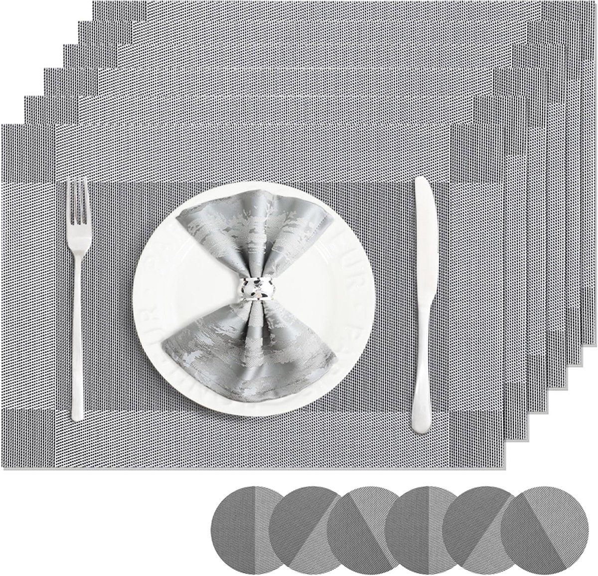 Placemats van imitatieleer - 6-delige set - PVC placemats - Wasbare placemats - Warmte-isolerend & antislip - Onderzetters - Placemats 45*30 cm - Ronde onderzetters 10*10 cm - Zilver