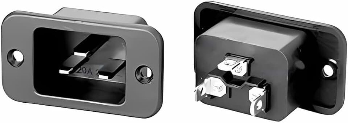 60320 C20 inbouwdoos / apparaatinbouwbus - 250 V 16 A (3.250 W), 4,8 mm kabelschoenaansluiting, 42 mm gatafstand, schroef- of klinknagelmontage, zwart