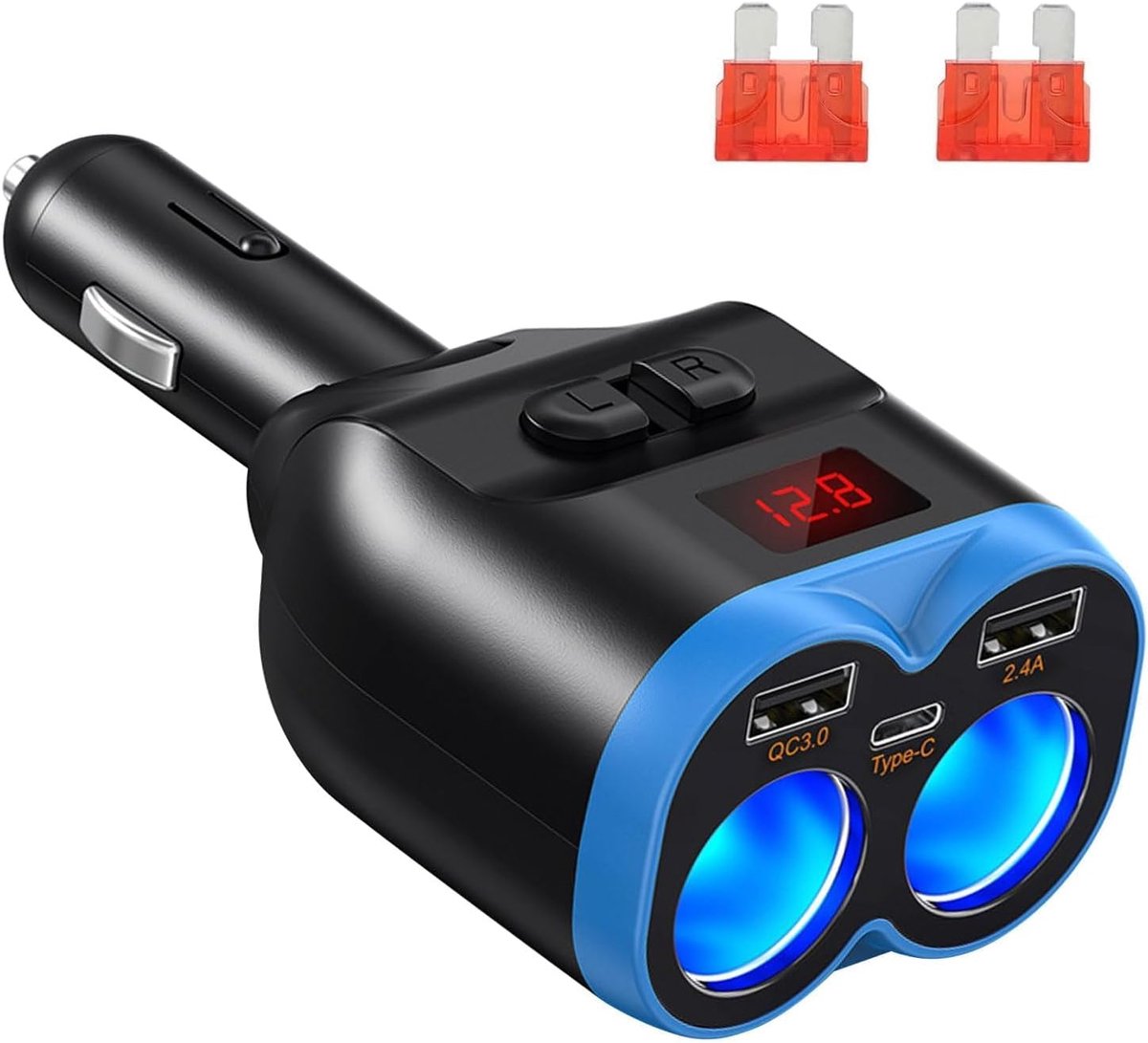 Auto Oplader Sigarettenaansteker Splitter, Dual USB A & PD USB Socket Splitter met LED Voltmeter voor 12V/24V Auto Apparaten