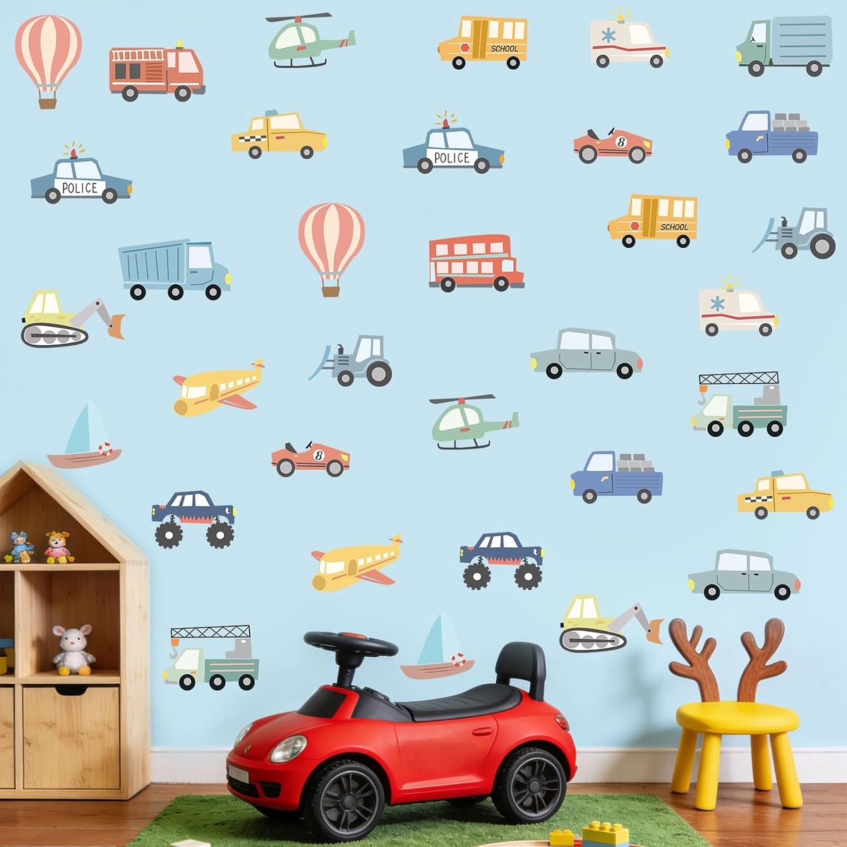 Aquarel Transport Voertuig Muursticker Peel en Stick, Vinyl Cartoon Bouw Auto Muursticker, Muurdecoratie Kunst voor Baby Kwekerij Kinderkamer Kinderdagverblijf Speelkamer