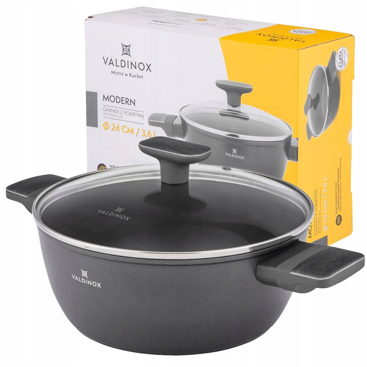 Valdinox moderne pan met glazen deksel - 3,6 l, 24 cm, inductie