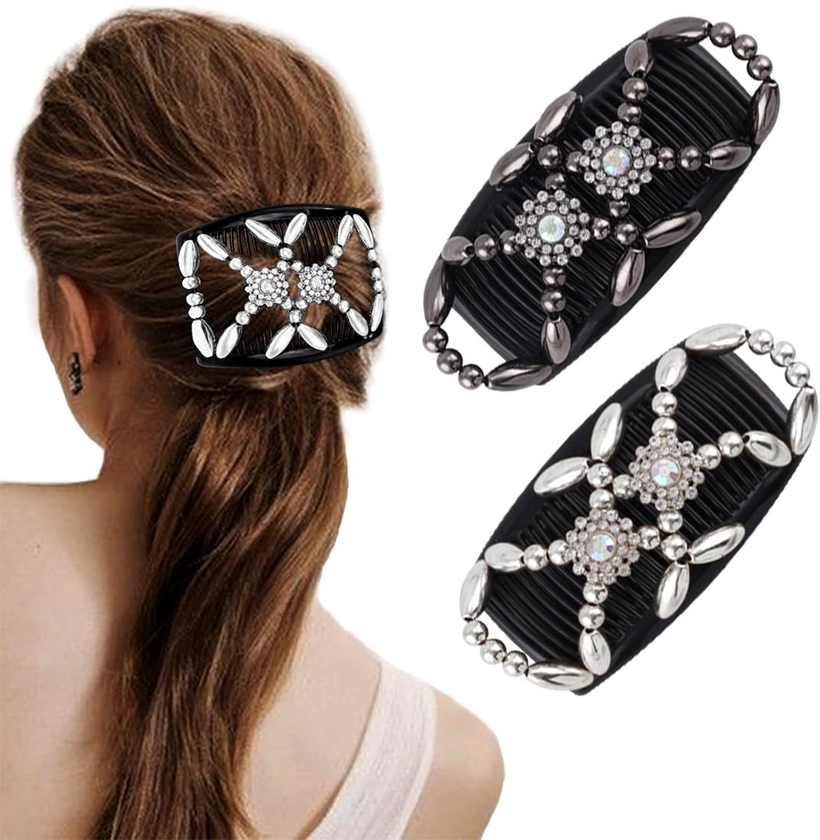2 stuks Magic Hair Comb haarkam, elastische dubbele parels, magische parels voor haarkam, dubbele kam, clips voor vrouwen, dubbele kamklemmen, Magic Elastic