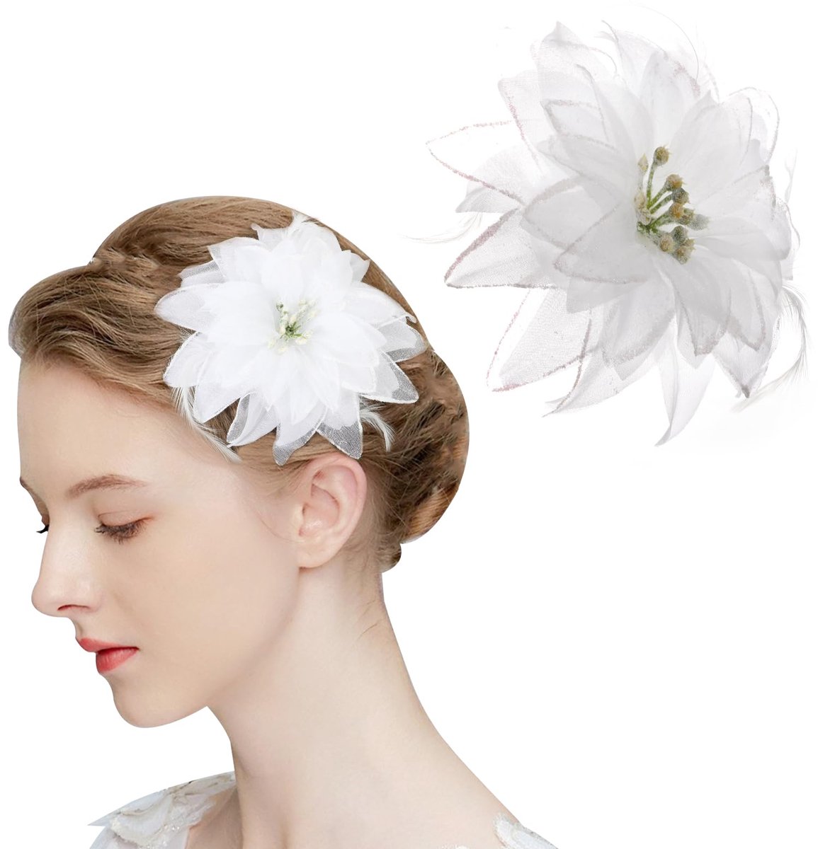 Bloem haarclip, witte bloemen fascinator clip voor vrouwen, vintage bloem gevederde haarspeld, jaren 20 veren haaraccessoires voor bruiloft cocktail prom maskerade theekransje