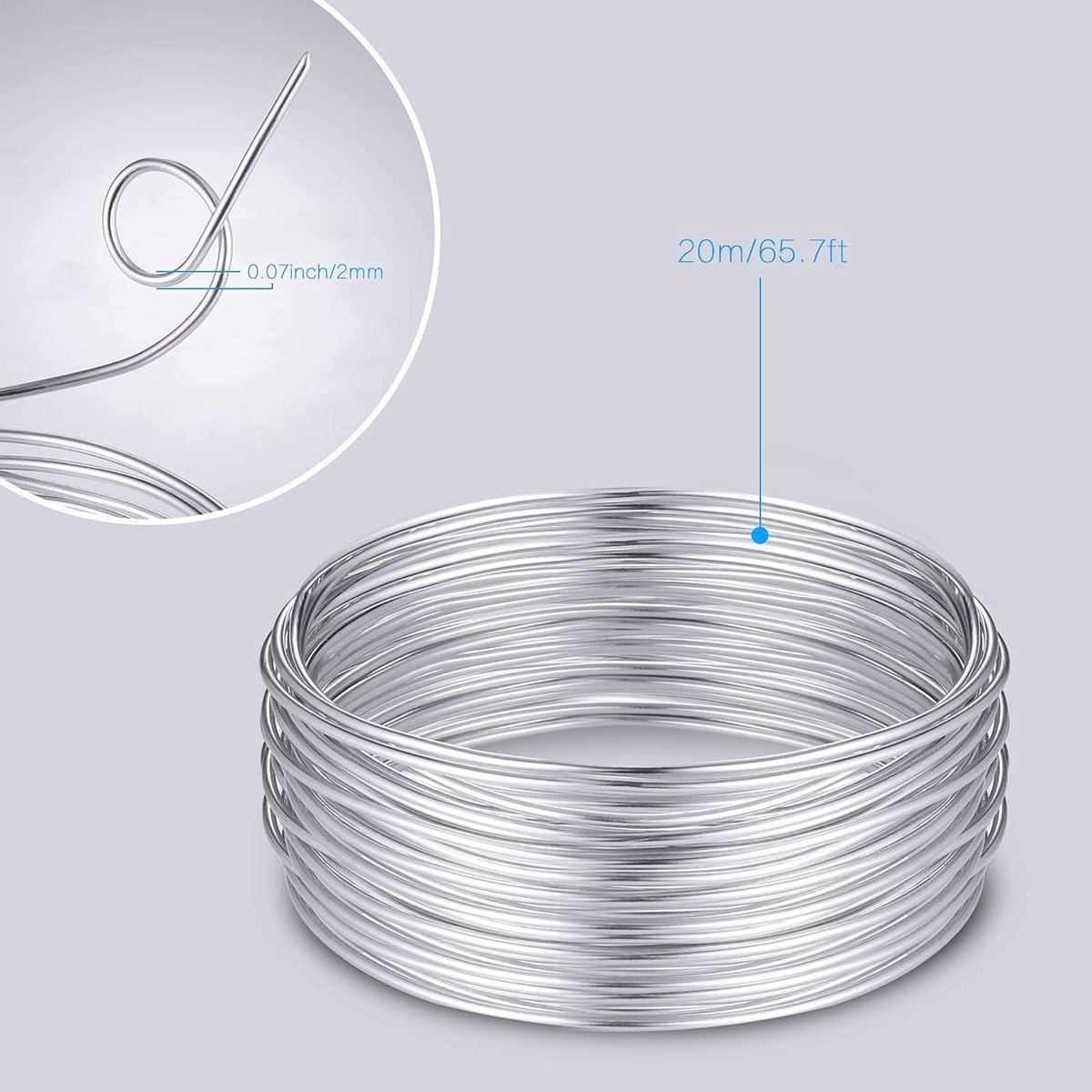 Aluminiumdraad, 2 mm x 20 m, zilverdraad, sieradendraad, zacht, flexibel, voor sieraden, decoratieve stukken, sculpturen, voor het maken van kransen en bonsaibomen