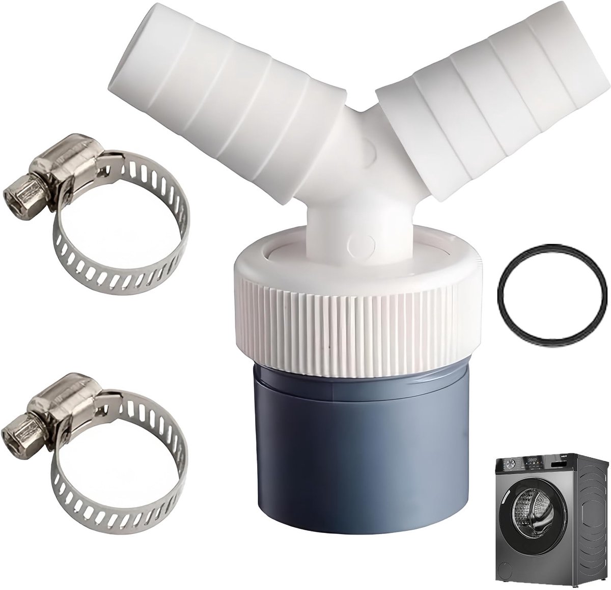 Y-adapter voor wasmachine, vaatwasser en wasdroger, dubbele aansluiting afvoeradapter met 18-24 mm ingang en 40 mm uitgang, inclusief 2 slangklemmen van roestvrij staal