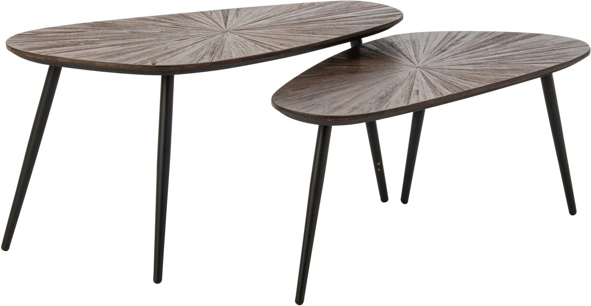 J-Line Ovale salontafels Ray - gerecycled hout - donkerbruin/zwart - set van 2