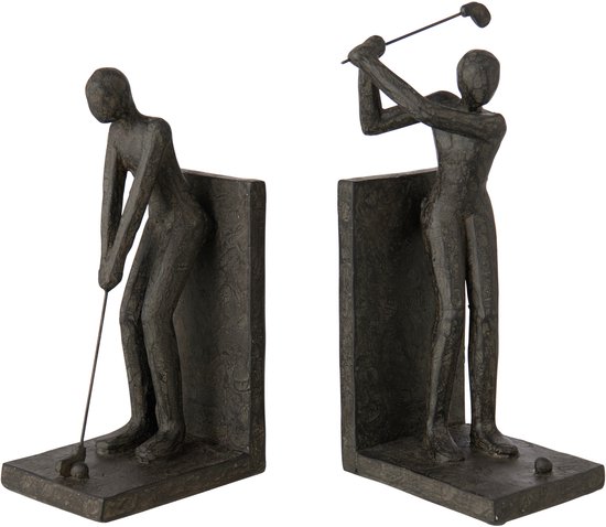 Twee zwarte hars boekensteunen met abstracte golfers in verschillende houdingen, afzonderlijk gepositioneerd.
