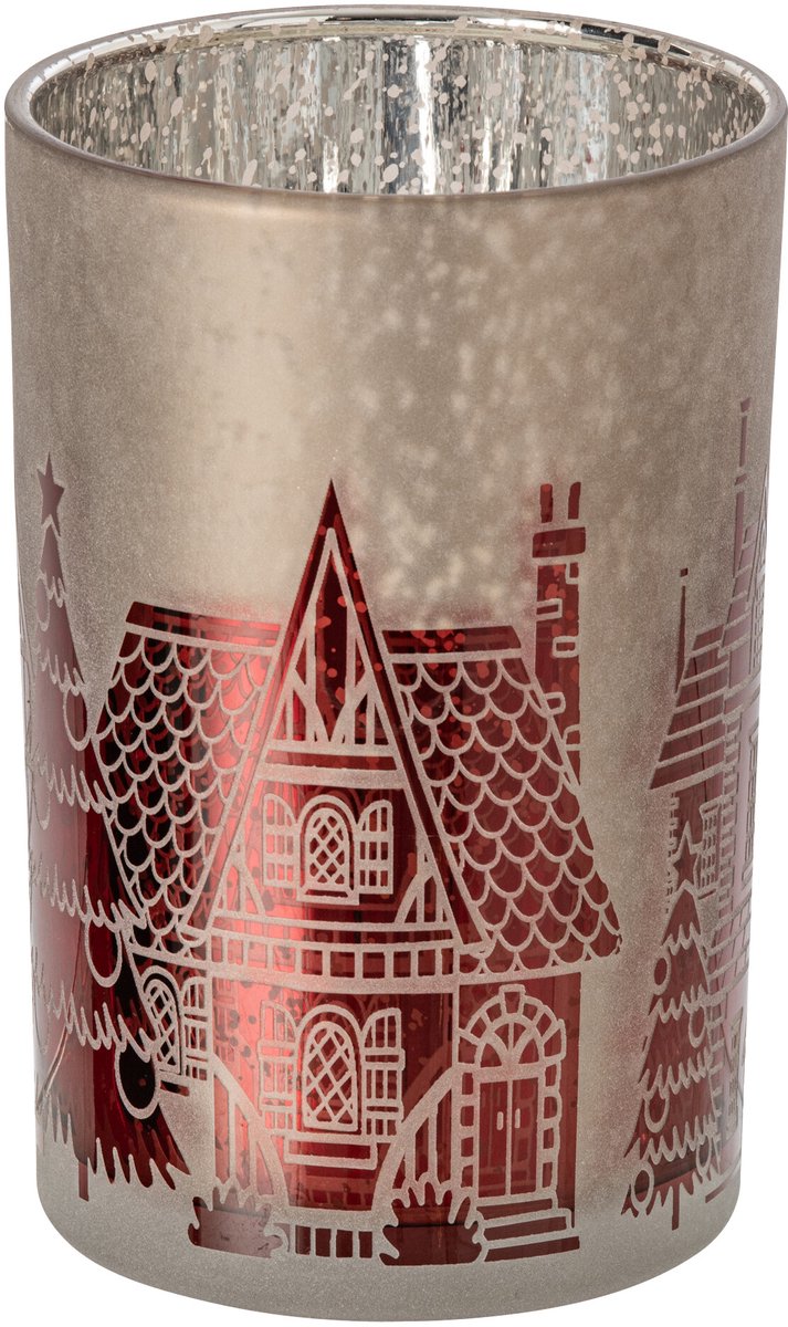 J-Line Windlicht - glas - kerstrood/grijs - large - set van 2