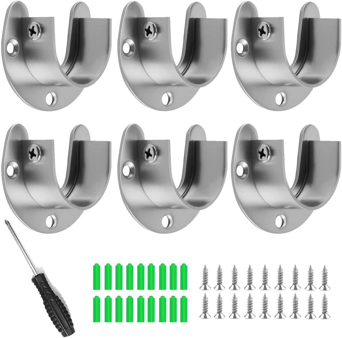 6 stuks roestvrijstalen stanghouder, U-vorm, kastbuishouder, kledingstanghouder, roestvrij staal, ronde buis, houder met schroeven, voor garderobe, douche, badkamer, keuken (zilver, 22 mm)