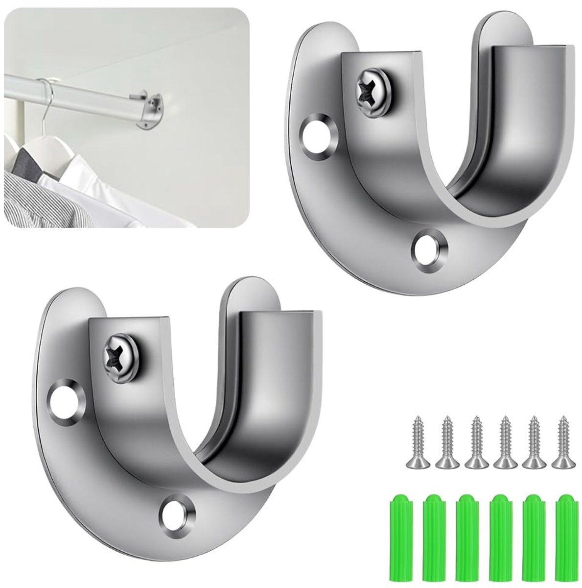 2 stuks, roestvrij staal, ronde buishouders met schroeven, U-vormige stanghouder, kledingstanghouder, buishouder voor kastbuisstang (32 mm)