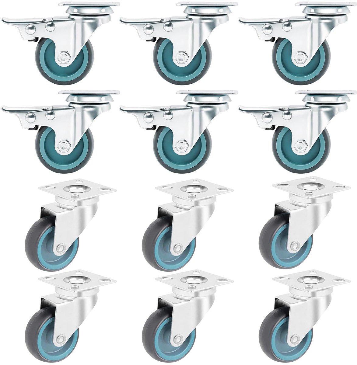Zwenkwielen voor zware lasten, 50 mm, 12 stuks meubelwielen met rubber, 6 met rem en 6 zonder rem, 50 kg draagkracht per wiel, voor transportscooter, werkbank, gereedschapswagen