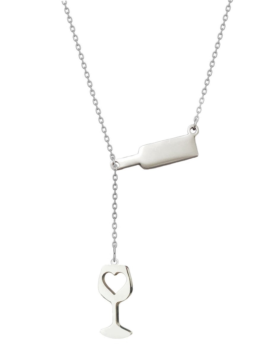 Halsketting, Vrouwen Fijne Boho Zilveren Wijnglas Lariat Ketting Fles Giet Wijn - Verjaardagscadeau voor Vriend - Cadeau voor Beste Vriend - Cadeau voor Wijnliefhebber