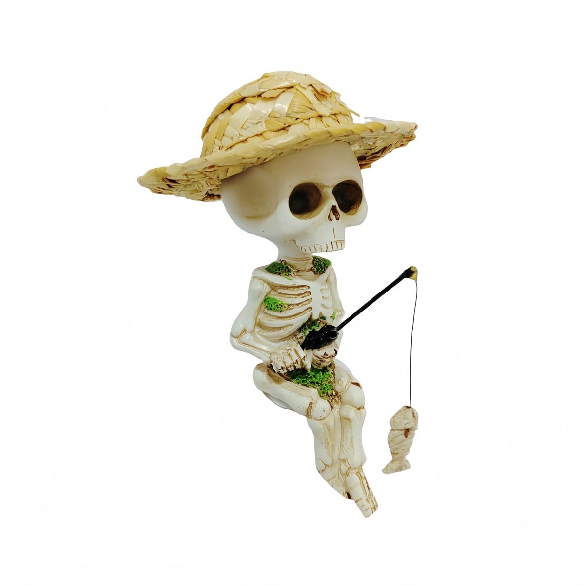 tuindecoratie, weerbestendig vissersskelet, sculptuur met hoed voor vijver, aquarium en tuin (hars) (skeletmens met strohoed)