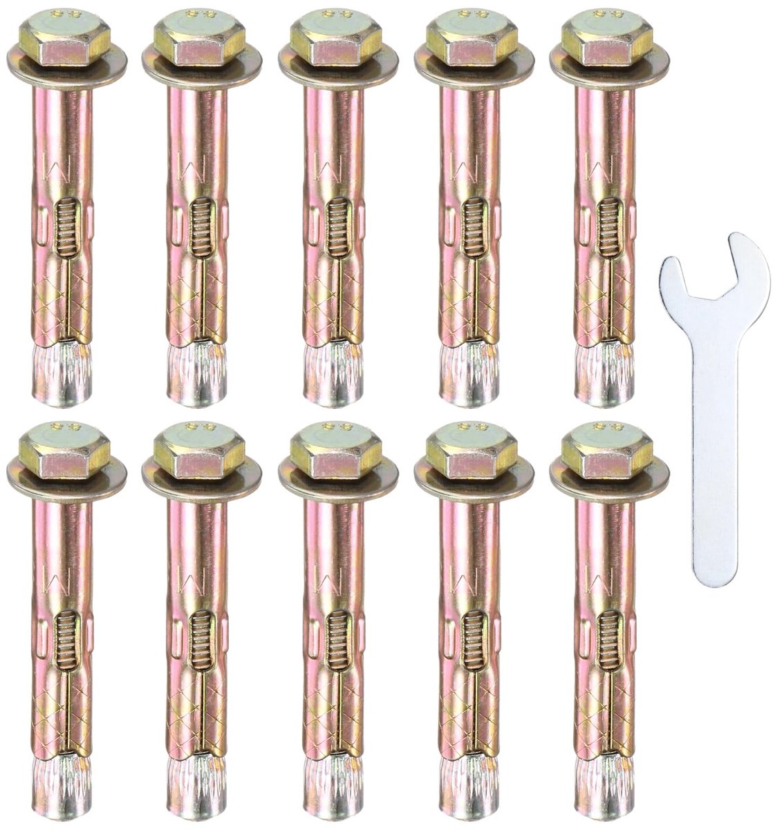 METERXITY 10 stuks zeskantige uitbreidingsschroeven, M6 x 40 mm, gekleurd verzinkt ijzer-koolstofstaal, met sleutel van 10 mm, corrosiebestendige metalen schroef voor beton-/bakstenen muren