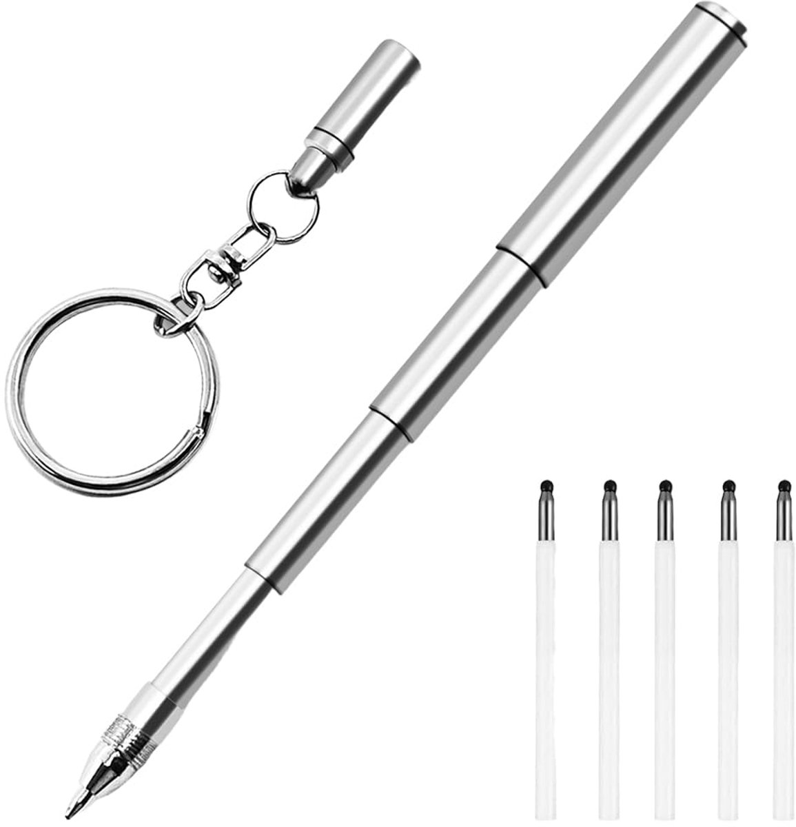 Mini-sleutelhangerpen met 5 reservevullingen, mini-balpen, roestvrij staal, telescopische balpen, lichte metalen intrekbare vulpen, broekzak, sleutelhanger, balpen