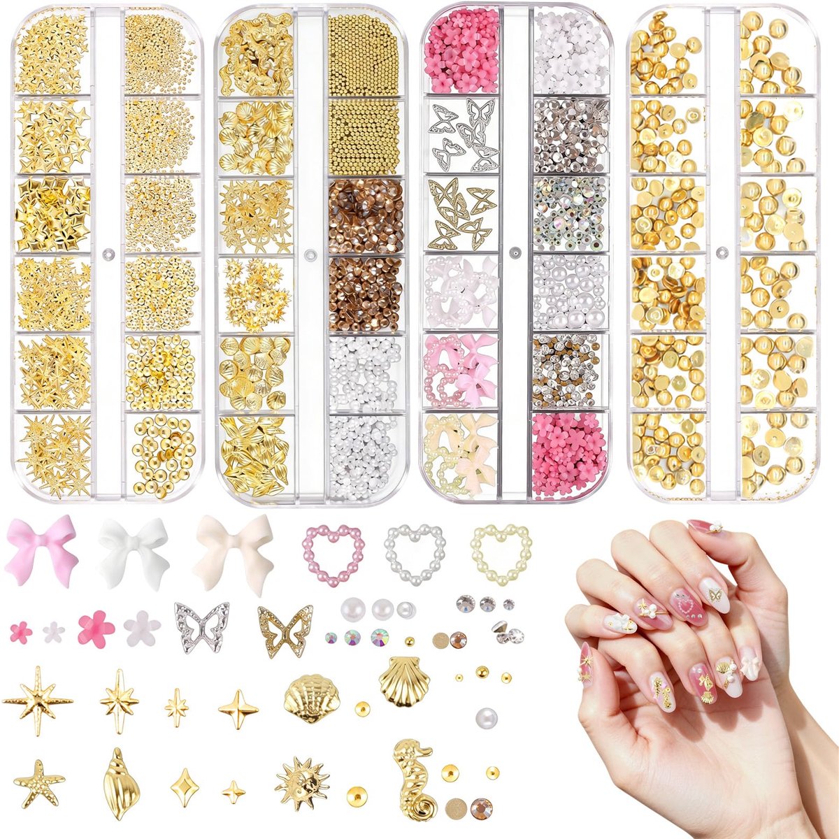 Bedeltjes, premium 3D-bedeltjes, platte parels, strass-steentjes, kralen en sterren/bloemen voor doe-het-zelf nagelkunst, telefoonhoesjesdecoratie en als cadeau.