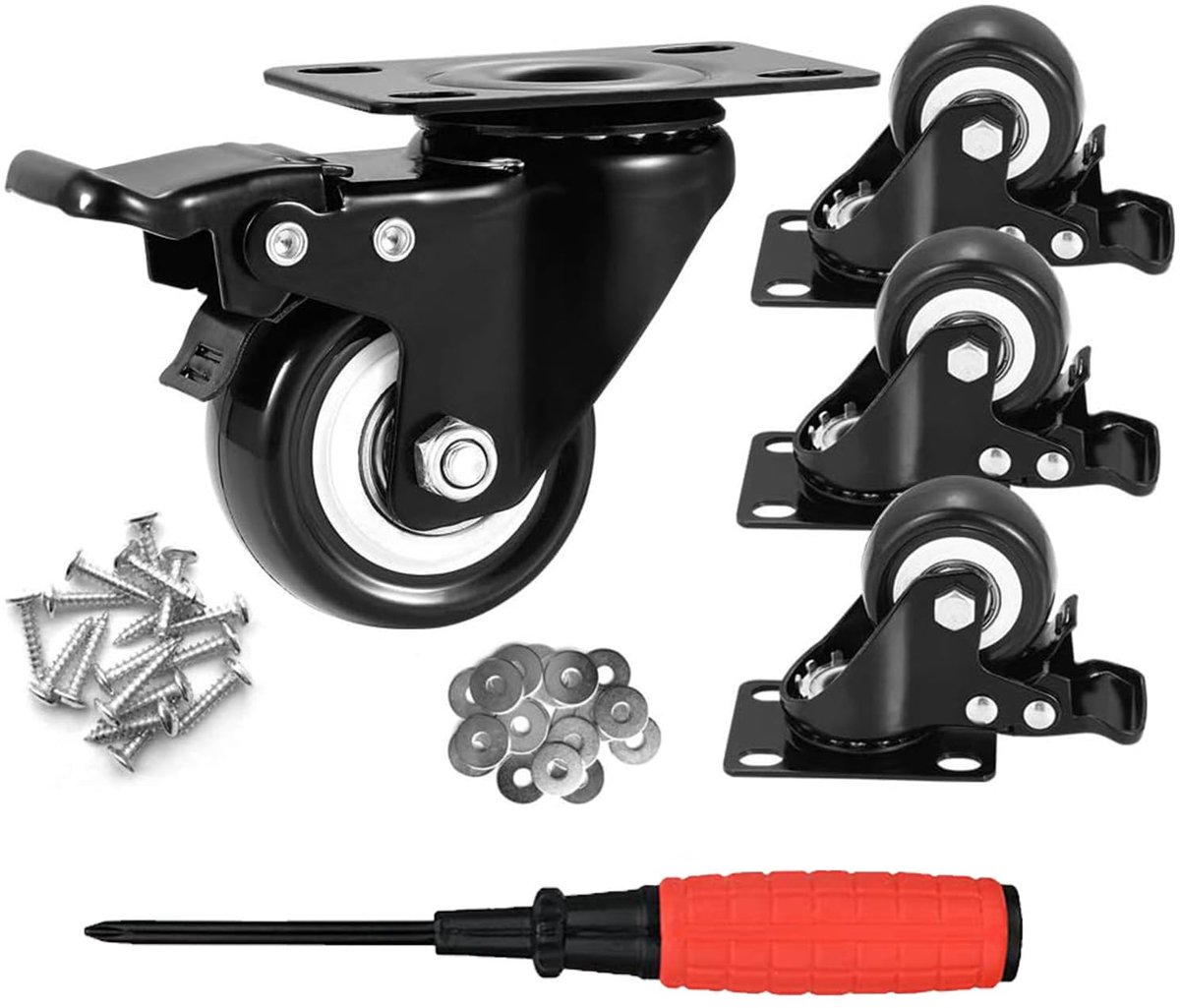 50mm meubelwielen met 4 remmen,wielen voor kleine meubels,draagkracht 320kg,draaibare PU-wielen met dubbele rem,stil en robuust voor meubels,wagen,set van 4 stuks- Zwart