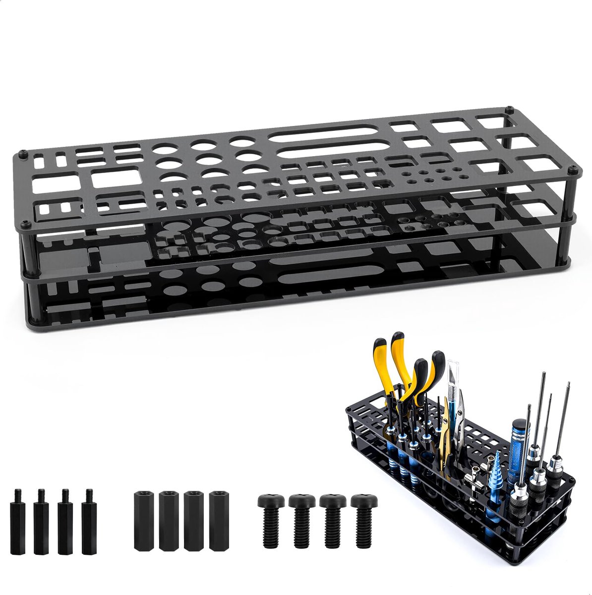 Schroevendraaierhouder met 63 gaten, schroevendraaier-organizer, multifunctionele houder voor werkplaatsen, garages en werkbanken, zwart