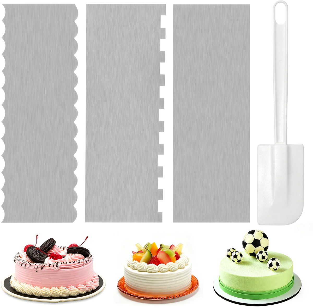 3 stuks taartschraper, metalen taartschraper roestvrij staal taartdecoratiegereedschap, 8,6 inch dubbelzijdige cakegladder met ribbels en taartspatel, voor bruiloft, verjaardag, thuisfeest, crème
