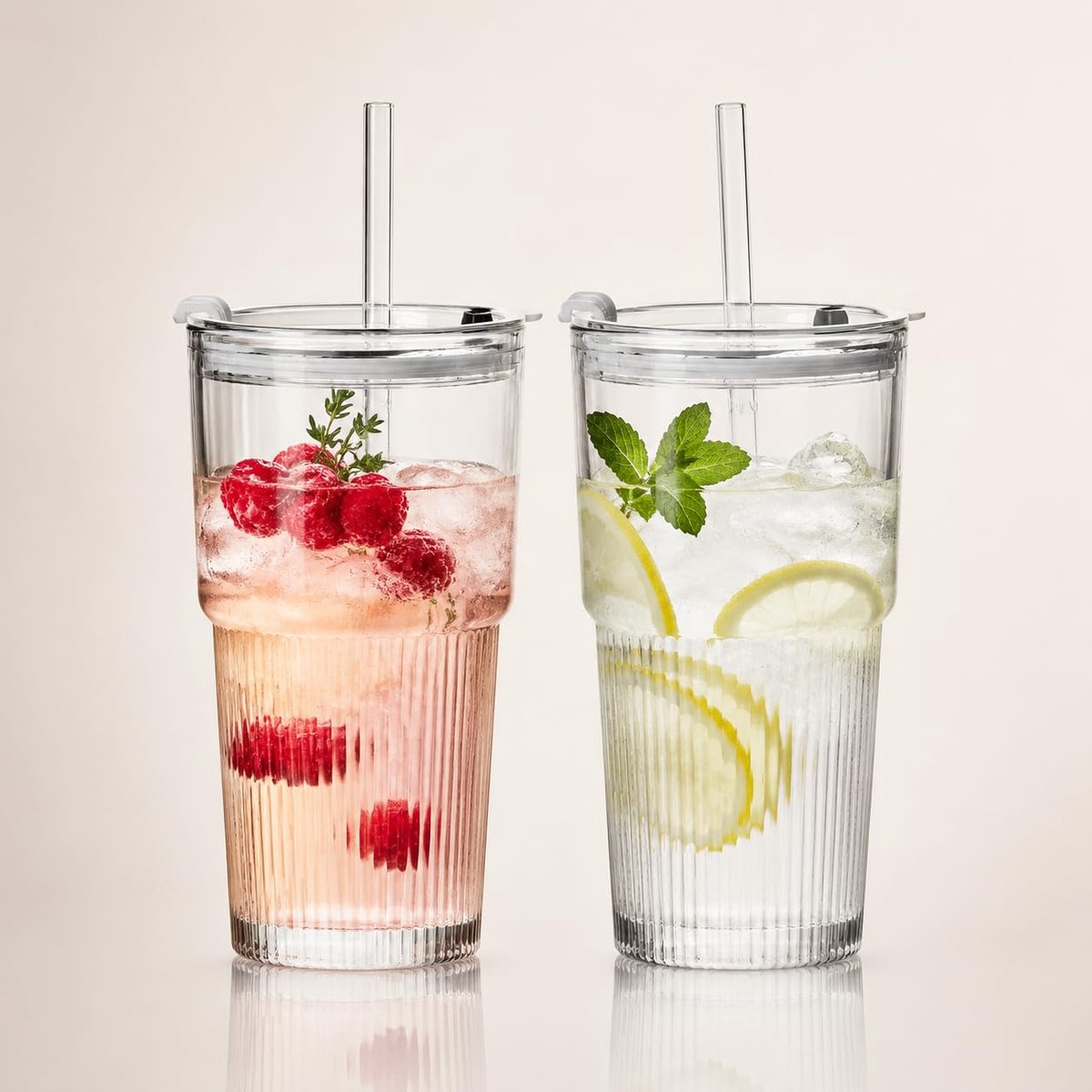 Glazen bekers van 600 ml met deksel en glazen rietje, stijlvolle geribbelde drinkglazen voor ijskoffie, sap, smoothies en koude dranken, inclusief reinigingsborstel, duurzaam herbruikbaar