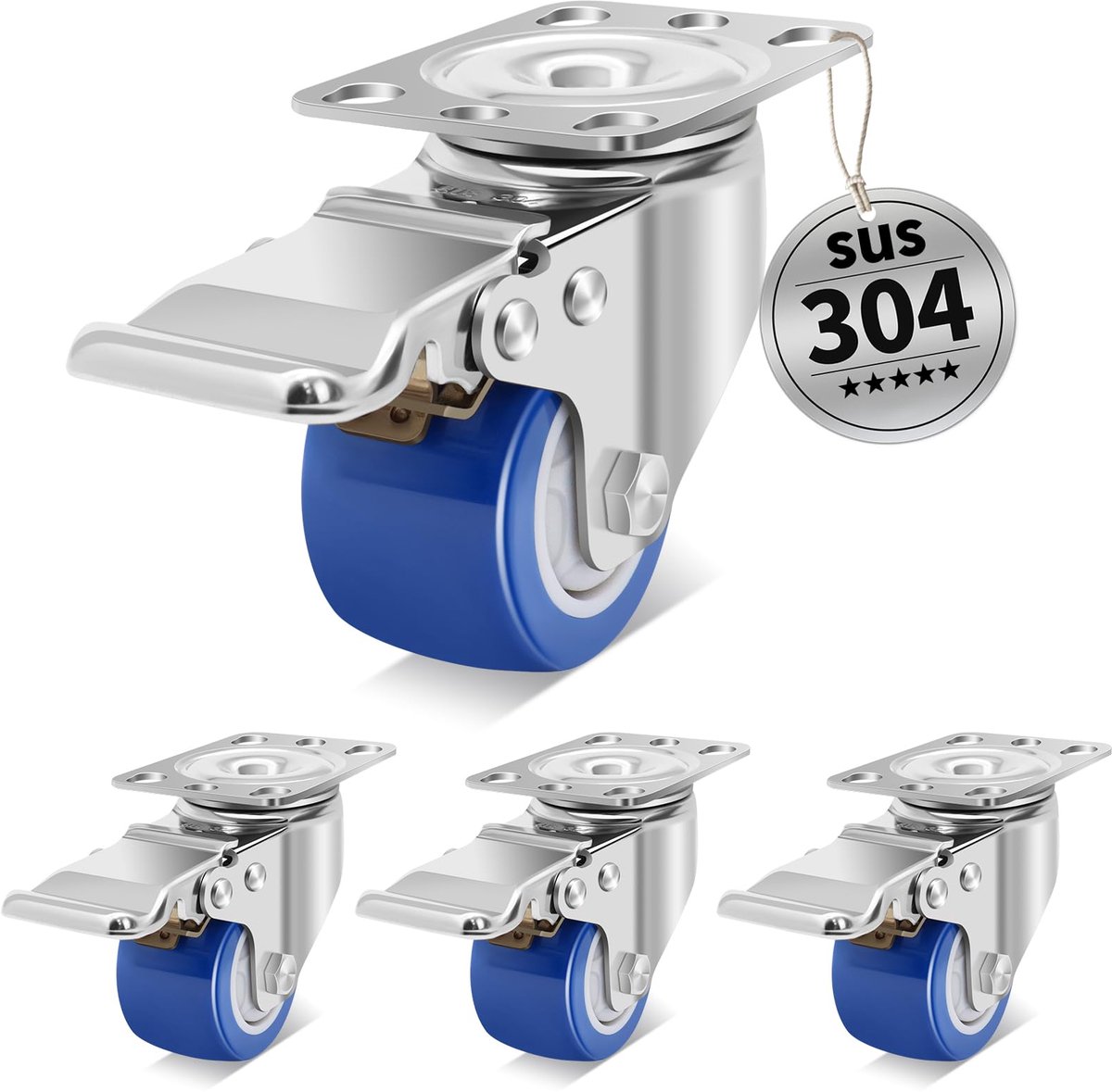 50 mm wielen van roestvrij staal, zware belasting met remmen, kleine hittebestendige wielen voor meubels, capaciteit 360 kg, wielen voor industrieel en buitengebruik