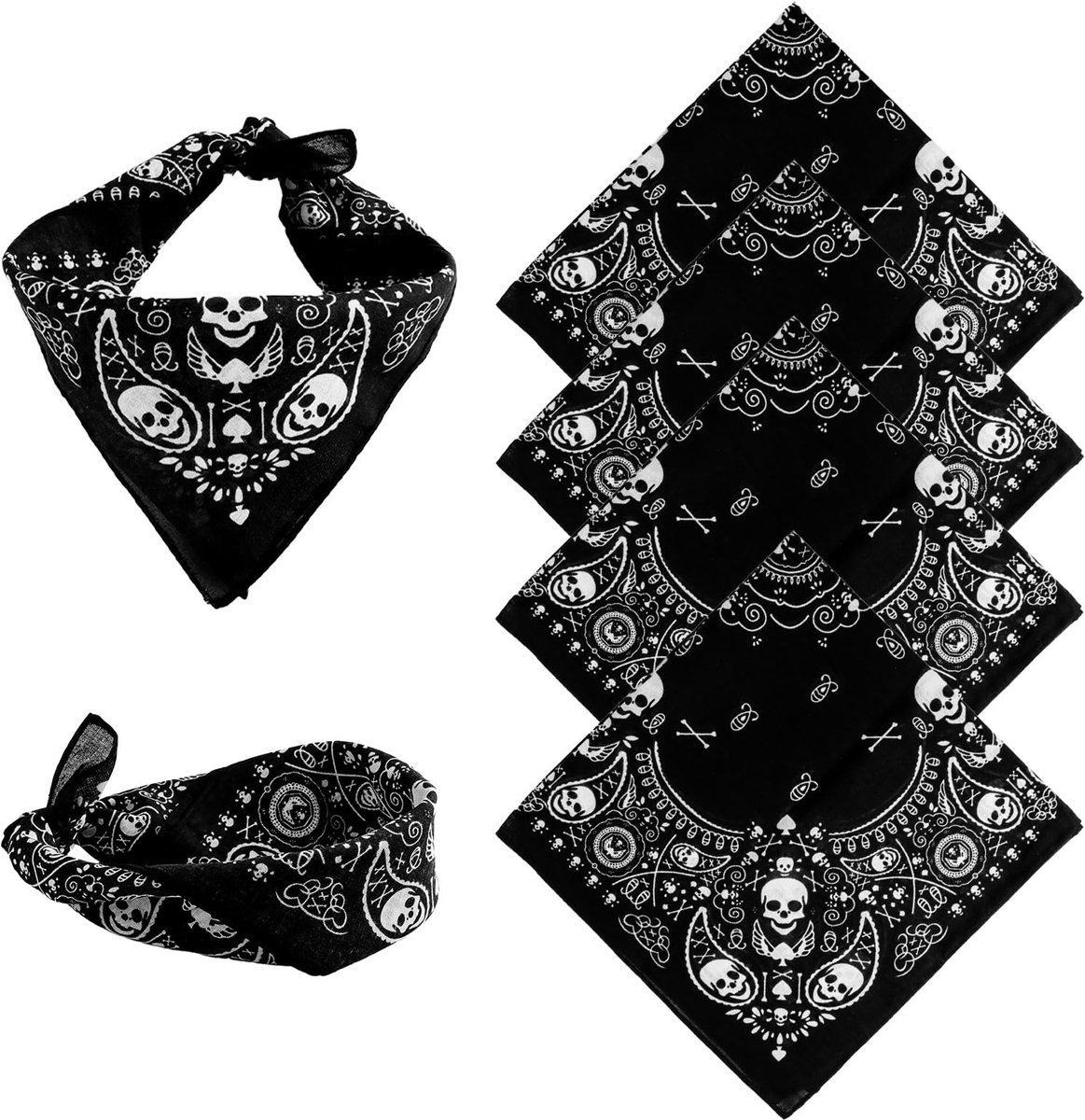 zwart, 4 stuks bandana voor heren, met doodshoofd-patroon, van katoen, hoofddoek, ideaal voor streetwear, motorrijders, outdoor-activiteiten en stijlvolle modeaccessoires, zwart, 55