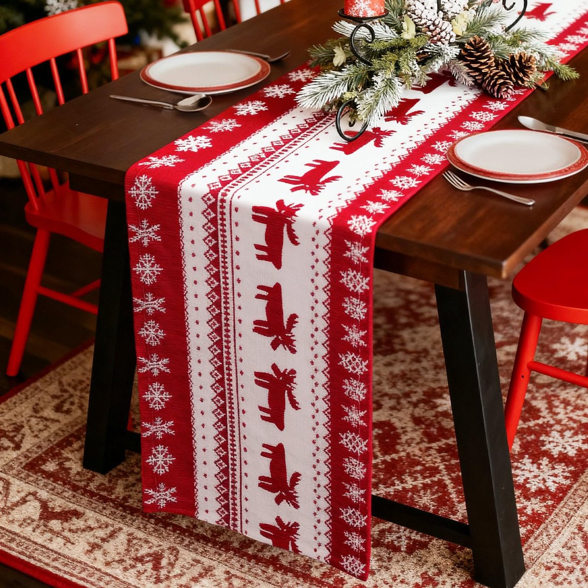 Kersttafelloper, kerstdecoratie, binnen, rood, kersttafelloper, tafelkleed, 33 x 180 cm lang, rechthoekige kersttafelloper, tafeldecoratie, tafel, kerstloper, kerstdecoraties