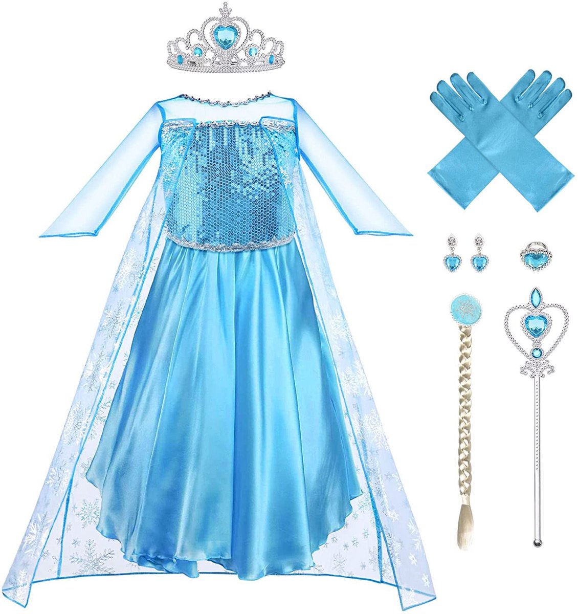 Prinsessenjurk Elsa-jurk, prinsessenjurk, kostuum met diadeem en toverstaf voor prinsessenkostuum, Kerstmis, Halloween, verkleedpartij