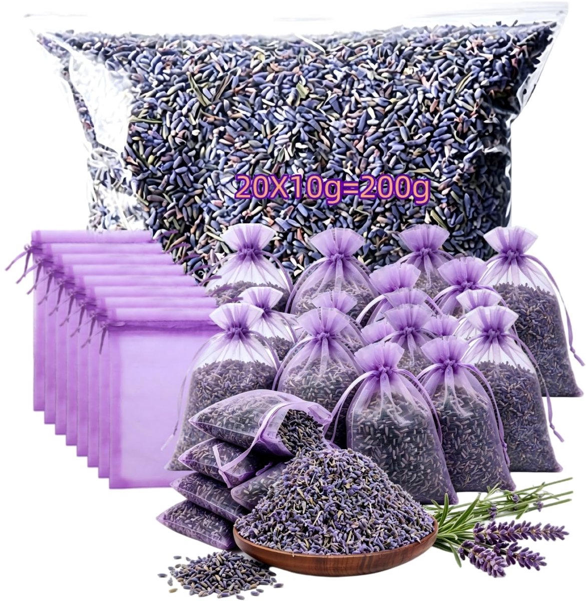 200g Gedroogde Lavendelbloemen, 20 Doekzakjes, Geurzakjes voor Kledingkast en Auto, Ruimtgeur Lavendel, Lavendelzakjes voor Slapen