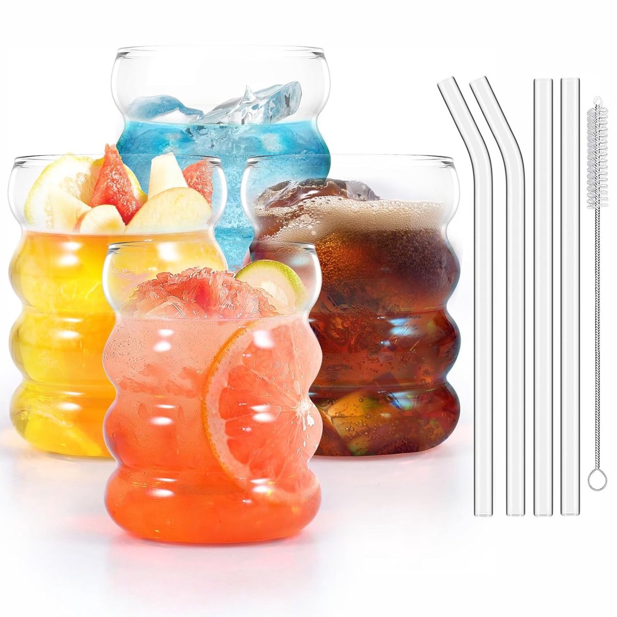 Glazen met glazen rietjes, 350 ml bubbelglazen, geribbelde ijskoffieglazen, waveglazen, waterglazen met kwast voor cocktail, water, frisdrank