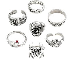 7-delige gothic zilveren damesring, vintage punk wind-ring, emo-ringen, stapelbaar, halange, ringenset, Y2K slang, schedel, ringen voor mannen en vrouwen