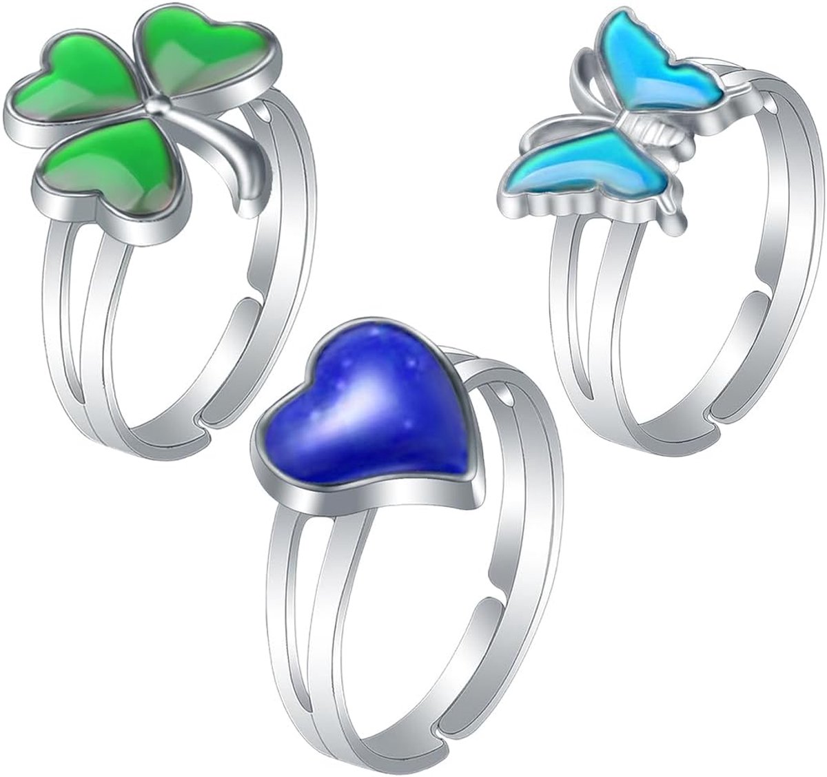 Ringen set (vlinder, klaver, hart), verstelbare kledingringen, kostuum-rekwisieten, feest-spelringen, verjaardagscadeau, voor kinderen, meisjes, jongens (kleurwissel)