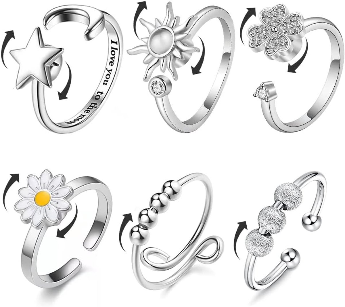 Ringen stemmingsring - 6-delige anti-stress-ring verstelbare stemmingsring, zon ster maan madeliefje klaver kralen angstverlichting ringen, cadeaus voor vrouwen mannen