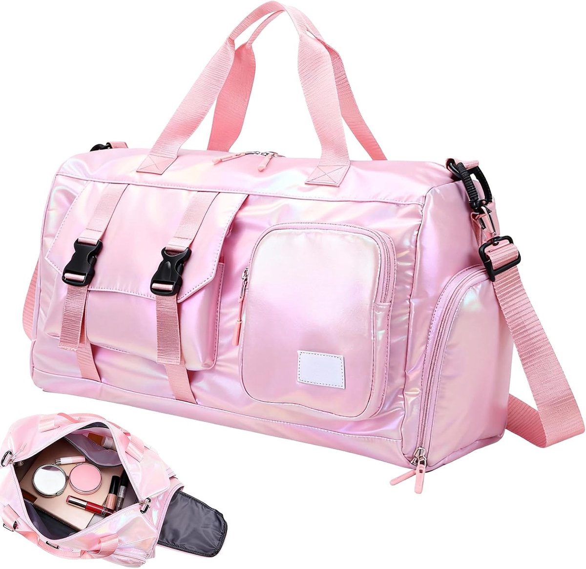 Sporttas voor dames, waterdichte zwemtas met schoenenvak en nat vak, voor dames en meisjes, glitter, gymtas, trainingstas, lichte reistas voor kinderen, voor sport, fitness, training, reizen (roze)