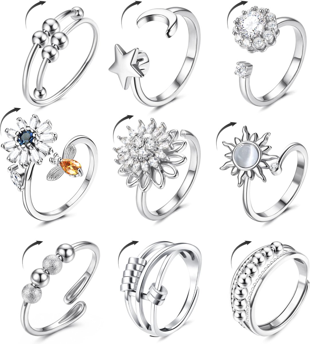 9 Stks Angst Spinning Ring voor Vrouwen Fidget Ring Anti Stress Ringen Verstelbare Duim Draaien Bead Bloem Ringen
