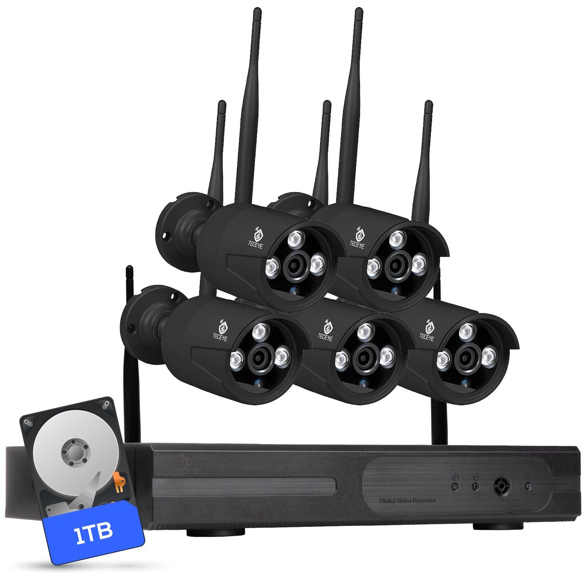 Teceye - Bullet Beveiligingscamera Buiten met Recorder - Draadloze Buitencamera - 5 Camera - 1TB Opslag