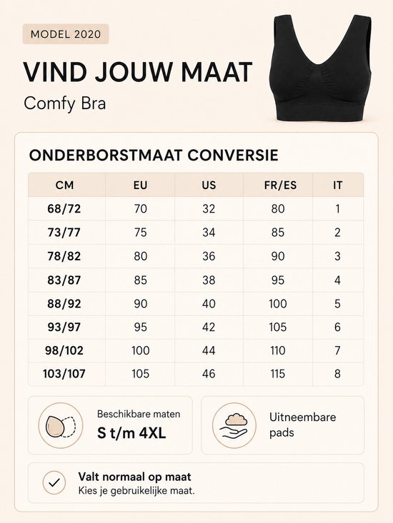 Maattabel voor de 'Comfy Bra' in het zwart. Beschikbare maten S t/m 4XL. Uitneembare pads. Valt normaal op maat.