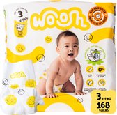 Woosh luiers, maat 3 (4-9 kg), 28 stuks, met lachende zonnetjes en een baby op de verpakking.
