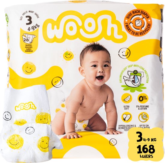 Couches Woosh, taille 3 (4-9 kg), 28 pièces, avec des soleils souriants et un bébé sur l'emballage.
