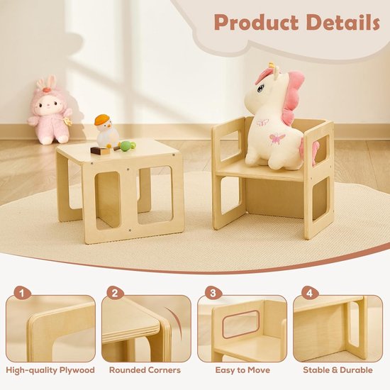 Montessori Kinderstoel - Houten Stoeltje - Zelfstandig Leren - 3-traps Hoogteverstelling - 2 Stuks - Naturel — afbeelding 2