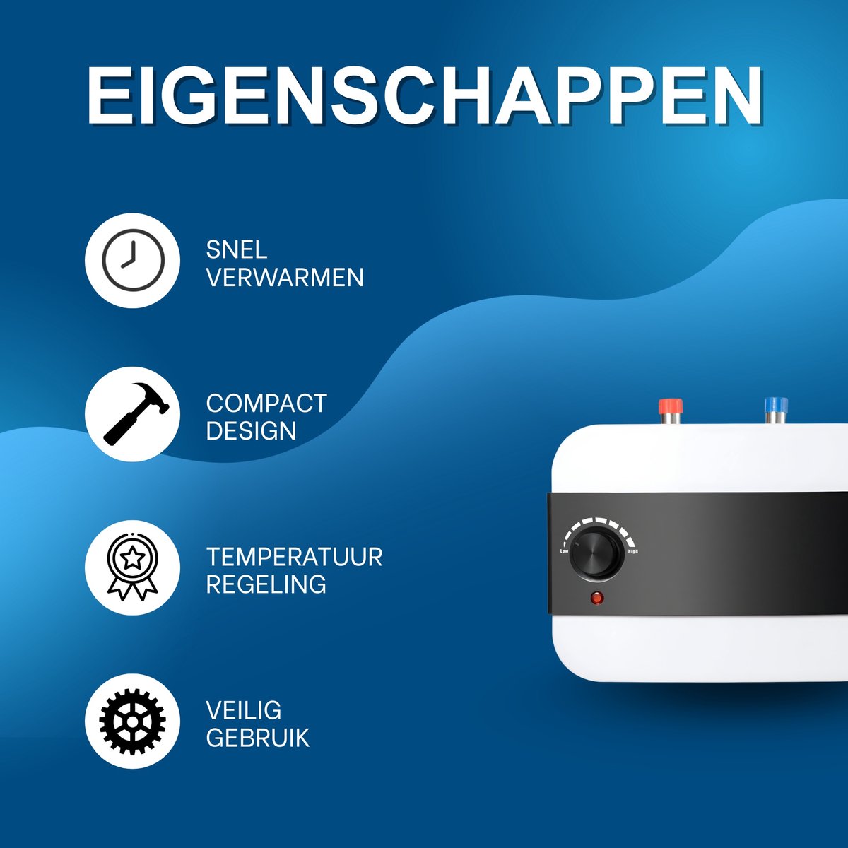 1500W Elektrische Waterverwarmer E12-8 – Met Slang en Ventiel – Instelbare Temperatuur 30–65°C – Compacte Doorstroomboiler 32,5×23×27 cm – Wit
