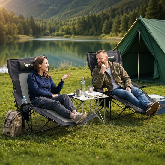 Sello! opvouwbare campingstoelen met voetensteun - verstelbaar - hoofdsteun - bekerhouder - draagtas - set van 2 - antraciet/zwart — afbeelding 5