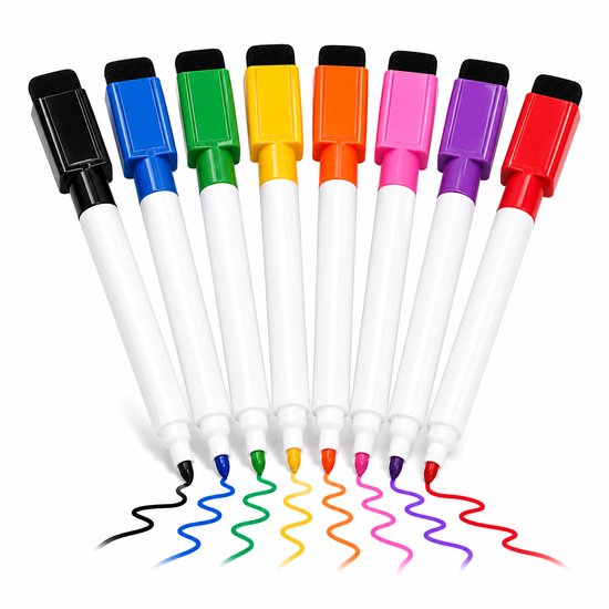 Acht magnetische whiteboard markers in zwart, blauw, groen, geel, oranje, roze, paars en rood, met gekleurde lijnen.