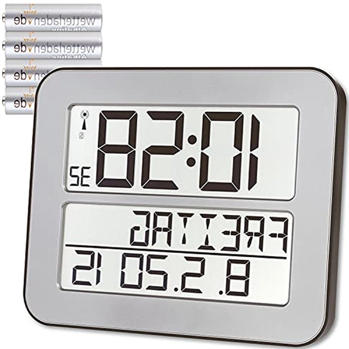 Digitale Wandklok - Radiogestuurde Klok - Tijdweergave Thuis - Duidelijk Dag Datum - 25.8 cm Breed - Zwart