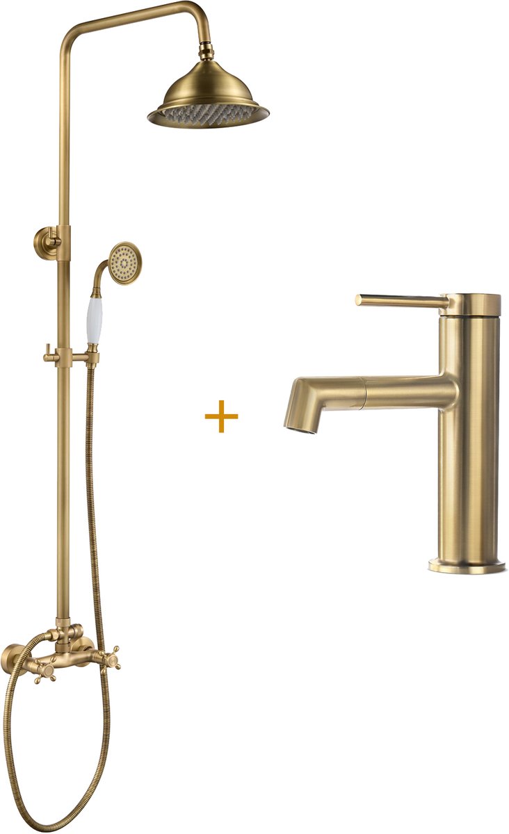 Auralum Max Retro Messing Regendouche - Vintage Doucheset - Met Goud Wastafelkraan - Ø 20 cm Douchekop - Retro Koperen - Verstelbare Hoogte 88 -126 cm - Compleet Regendoucheset - Goud