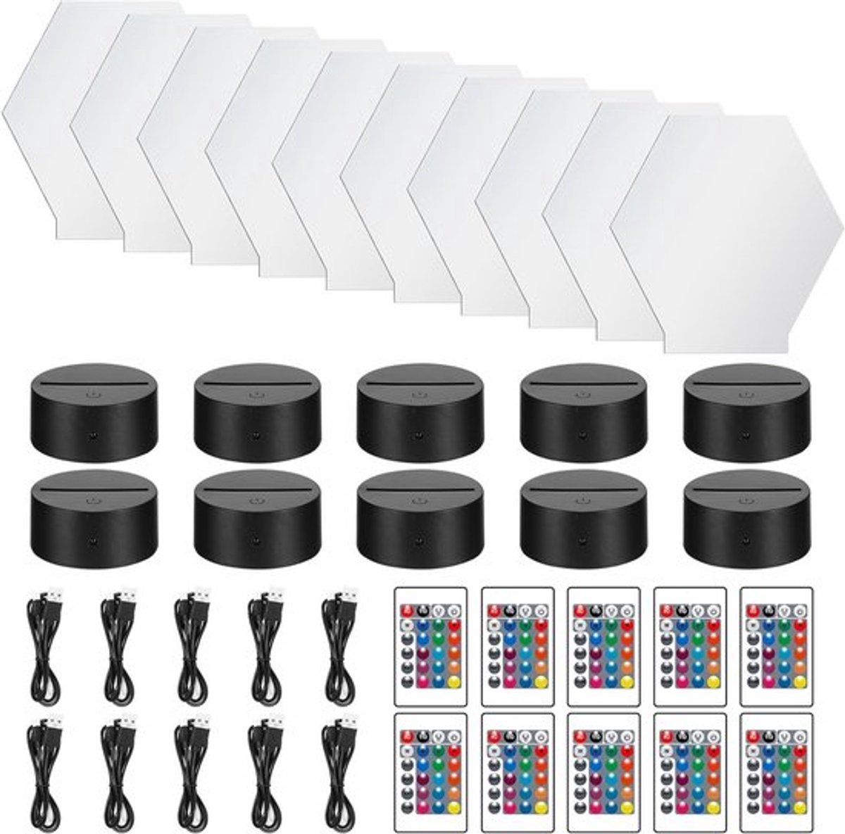 Set van Acryl Lampenvoet met Afstandsbediening, Inclusief 10 Hexagon Kunst Acrylplaten, 10 Lampenvoeten en 10 USB-kabels voor Creatieve Verlichting