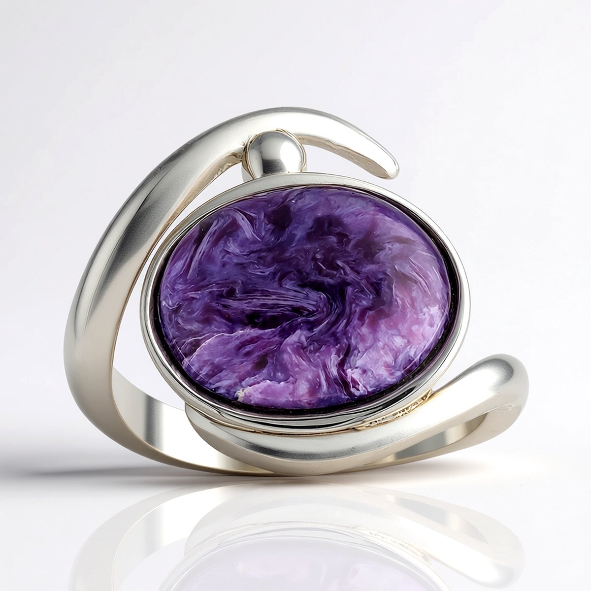 Cavill - Zilveren Ring - 925 Sterling Zilver Gerhodineerd - Ovale Charoiet Cabochon 4,063 ct uit Rusland - Elegante Statement Ring voor Dames